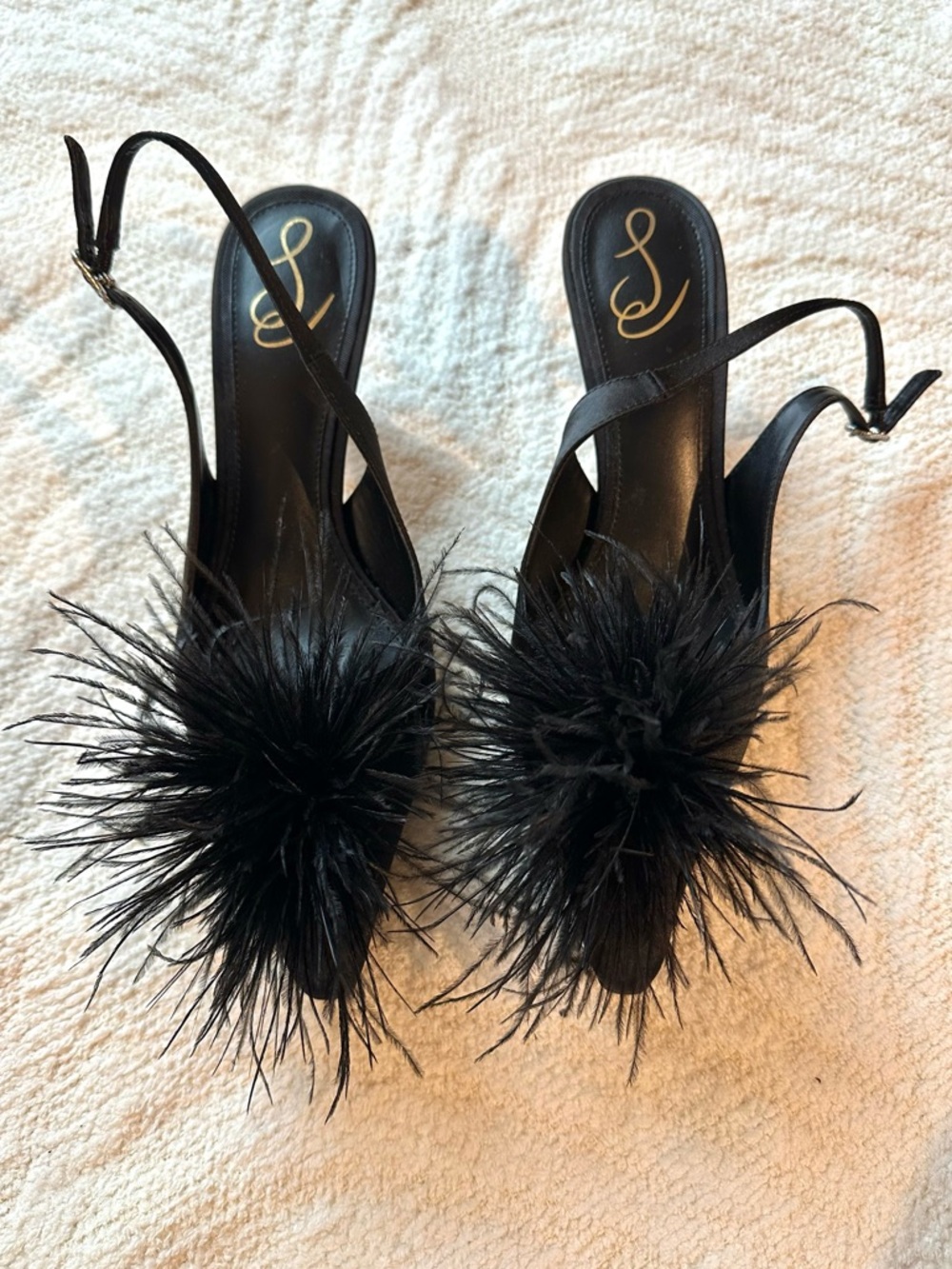 Sam Edelman Black Satin Kitten Heel with Feathers, Size 8 1/2